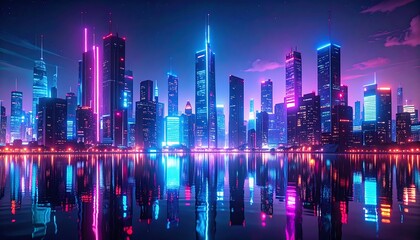 Obraz premium Neon reflections illuminate an imagined urban skyline, a futuristic vision of a vibrant cityscape