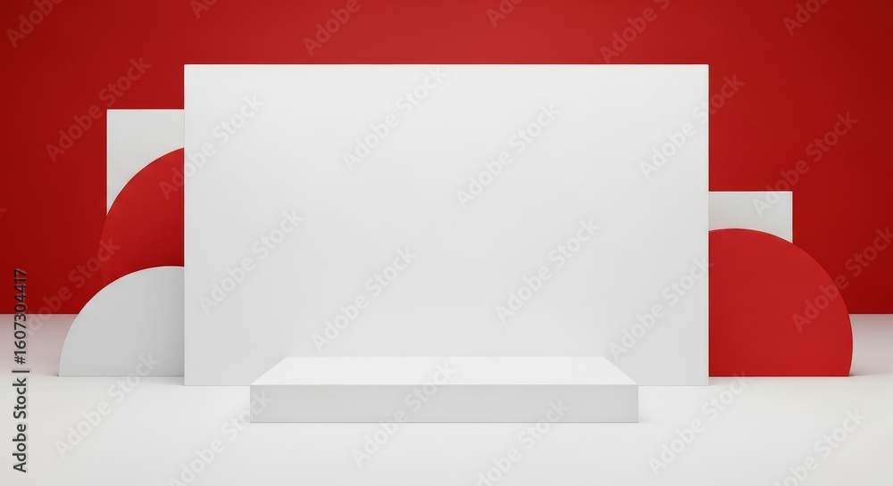 Poster red and white geometric product display - clean minimal product display featuring a white platform a