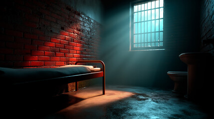 Dark Prison Cell at Night - Barred Window Shadows on Brick Walls with Metal Bed