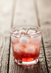 Refreshing Iced Beverage on Rustic Wood - A glass of cool, bubbly, red beverage with ice cubes sits on a rustic wooden table. The drink is refreshing, thirst-quenching, and perfect for a summer day.