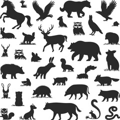  A comprehensive collection of detailed black silhouettes of various wild forest animals and birds, a vector graphic set for design, isolated on white background.