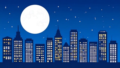 Night city skyline with moon