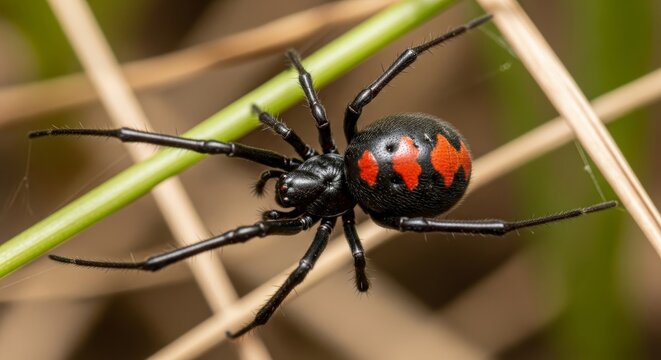 Redback Spider Macro - A detailed closeup of a redback spider on a green stem. Symbolizing nature, wildlife, detail, fragility, and danger