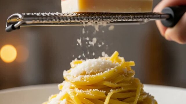 Fresh Parmesan cheese is being grated over a serving of spaghetti.