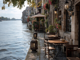 Obraz premium Charming riverside cafe with outdoor seating and flower decorations along a scenic waterway