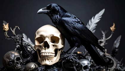 Fototapeta premium Raven atop skull, dark aesthetic