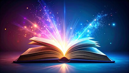 Open book emitting glowing particles, symbolizes knowledge and imagination discovery