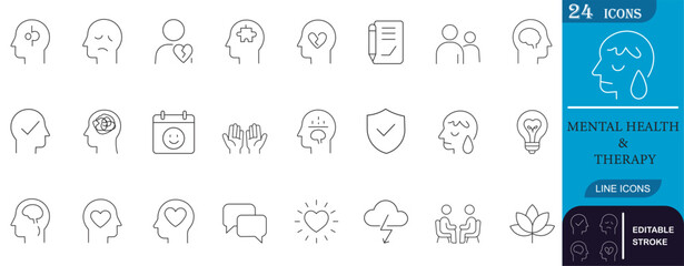 Minimal line icons set featuring mental health, therapy, support, self-care, and wellness concepts. Ideal for apps, infographics, and healthcare content.
