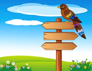 Bird perched on a signpost — signpost left blank for customizable text
