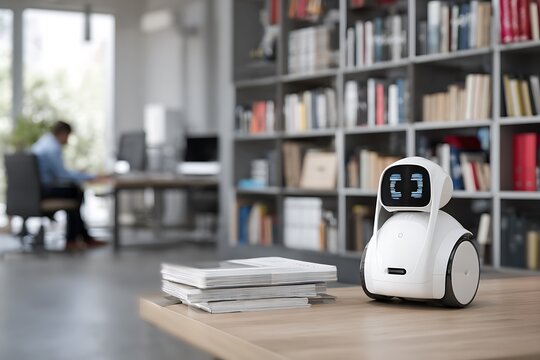 **Highly Realistic Classroom Environment Where A Visually Impaired Student Is Interacting With An Ai-Powered Braille Reader Robot. The Background Features Shelves Of Books And Assistive Tech Equipment