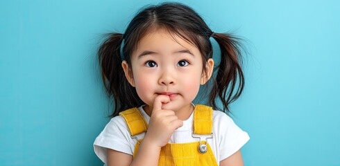 A cute little girl wearing yellow overalls, a white T-shirt, and pigtails, standing in front of a blue background.