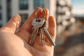 Hand holding keys to a new apartment building.