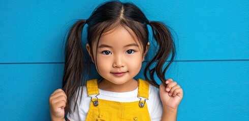 A cute little girl wearing yellow overalls, a white T-shirt, and pigtails, standing in front of a blue background.