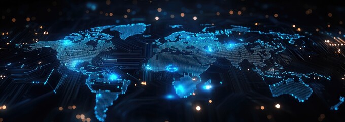 Global network map overlaid on a circuit board