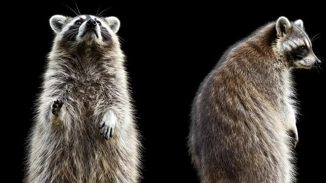 Majestic Raccoons Wildlife Studio Portraits on Black Background Featuring Standing and Side Views of Furry Mammals Showcasing Nature Creatures