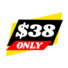 $38 only png black colour, flat price tag, bold black sticker, stylish sale label, digital icon badge,