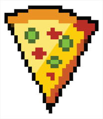 A vibrant pixel art illustration of a delicious slice of pepperoni and green pepper pizza presented in a retro gaming style with bold outlines and a clean white background
