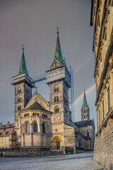 Magnificent Catholic church or cathedral with the famous Bamberg Horseman. Historic old town in the...