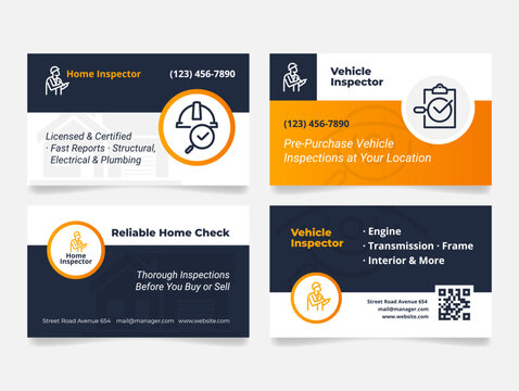 Business cards showcasing vehicle and home inspection services with contact information and offerings for potential clients