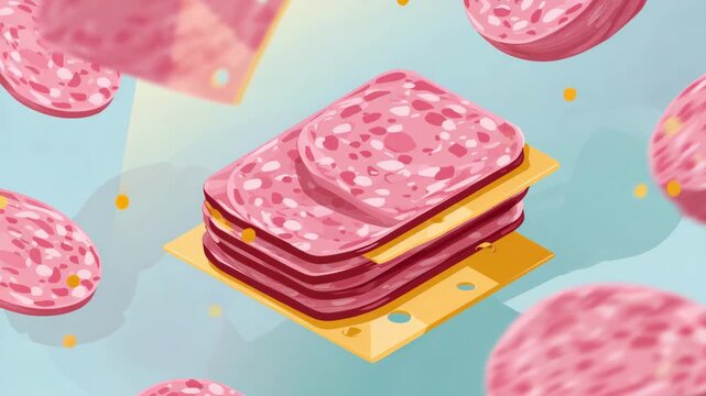 Stack of pepperoni slices on a yellow paper. There are many slices of pepperoni. sliced deli meat with listeria label floating, flat design, listeria