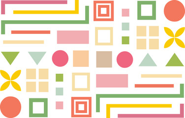 Pastel Geometric Abstract Vector Art Print. Cheerful, playful geometric pattern featuring pastel squares, circles, triangles, and lines. Perfect for modern home decor.
