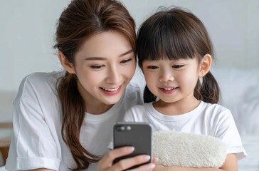 A Japanese woman and child watching a video on a smartphone. The mother, with a ponytail, is smiling at the phone screen while sitting next to the girl, who is holding a pillow in the living room.