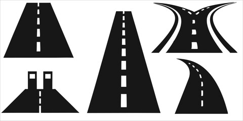 Simple Road Vectors: Straight, Fork, Curve, & Merge. Set of black and white road vector illustrating various road types: straight, fork, curve, and merging lanes. Ideal for maps, apps, or transport
