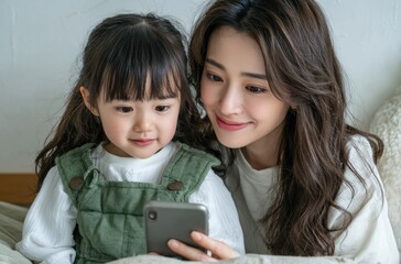 A Japanese woman and child watching a video on a smartphone. The mother, with a ponytail, is smiling at the phone screen while sitting next to the girl, who is holding a pillow in the living room.
