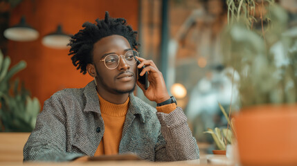 Stylish man in café talking on phone, enjoying a calm and cozy afternoon