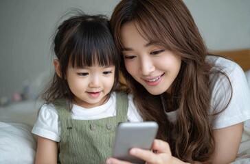 A Japanese woman and child watching a video on a smartphone. The mother, with a ponytail, is smiling at the phone screen while sitting next to the girl, who is holding a pillow in the living room.