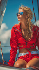 Stylish woman in red sailing outfit enjoying sunny adventure on a yacht