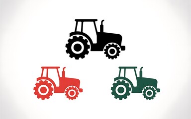 Three Tractor Icons Featuring Different Colors Farm Vehicle Symbolism Represented By Black, Red, and Green Tractor Illustrations Against a White Background