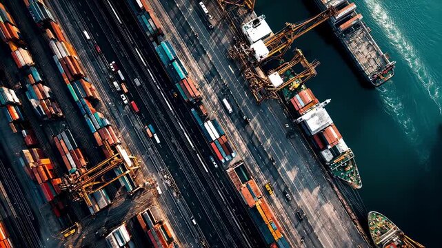 An aerial view of a vibrant logistics hub showcasing a complex network of roads railways and freight docks where vehicles of various modes converge emphasizing the synergy of multimodal