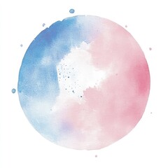 A circular watercolor painting, transitioning from light blue to soft pink, with subtle splatters