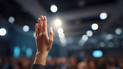 Confident businesswoman raising hand to ask a question during a meeting

