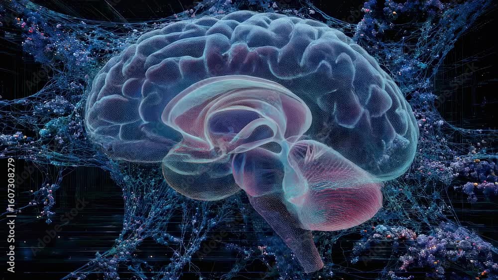 Poster futuristic depiction of a braincomputer interface illuminated by intricate neural networks represent