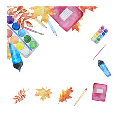 Border from watercolor school supplies, copy space.