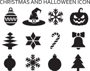 Halloween and Christmas Silhouette Icon Set – Ghosts, Trees, Cats, Pumpkins and Holiday Elements.