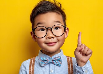 A young boy wearing glasses, a bow tie, and suspenders is pointing up with his finger in the air against a yellow background