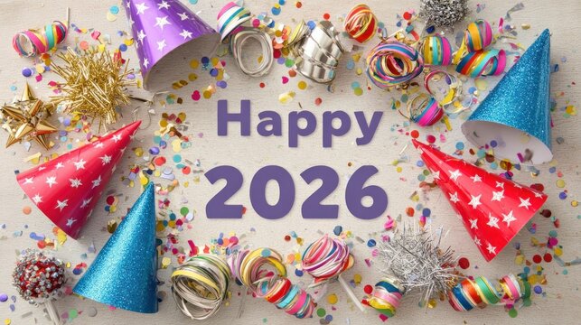 Festive party hats and confetti surrounding "Happy 2026