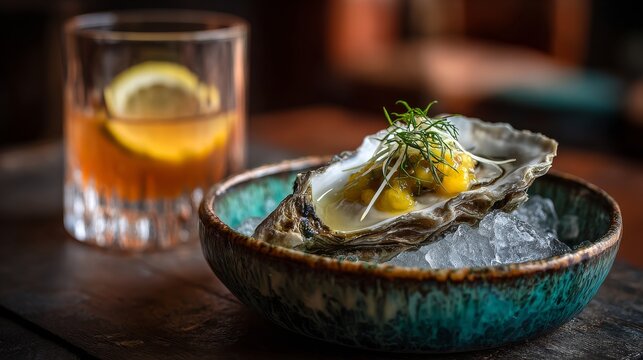 Fresh oysters served on ice in a bowl, topped with brown dressing and finely diced brunoise radish for a refreshing and elegant seafood appetizer.  
