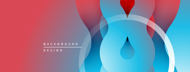 Abstract gradient background. Overlapping circles, teardrop shapes create dynamic visual effect. Red, blue hues dominate composition.
