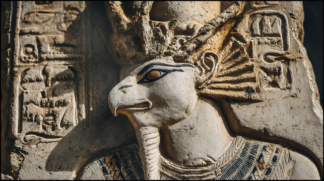 Ancient relief of Horus, falcon-headed man wearing the pschent,   is one of the most significant ancient Egyptian deities