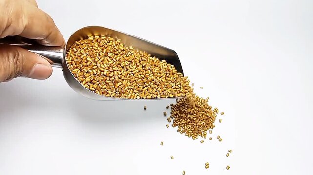 Pouring orange masterbatch granules with a stainless steel scoop into an isolated glass container with a white background, suitable as a video clip design for industrial plastic manufacturing products