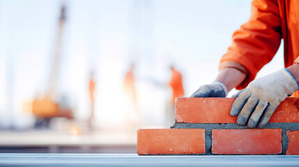 Construction Worker with working on Brick Wall &ndash; Industrial Building in Progress