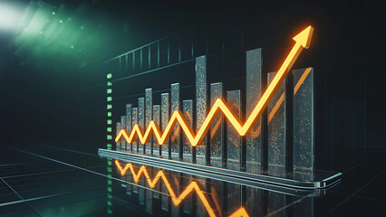 Naklejka premium Abstract digital bar chart with a glowing arrow showing financial growth and success