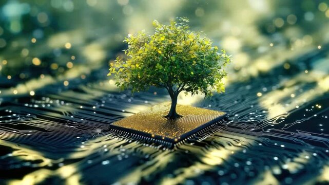 Digital Tree Growing from Microchip Imagery Symbolizing Technology, Nature, and Future Innovations in Eco-Friendly Solutions 4k video footage