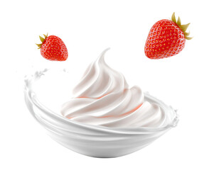Floating fresh juicy strawberry with whipped cream isolated on a transparent background
