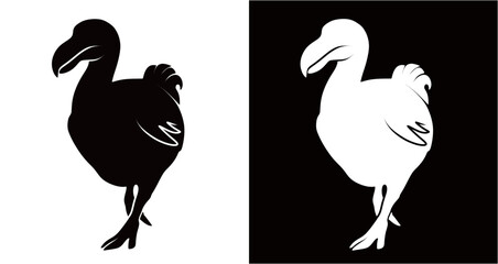 Silhouette of a dodo bird isolated on a white and black background. Vector illustration of a dodo bird.