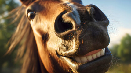 Smiling horse joyfully enjoying a sunny day with a big grin on its face

